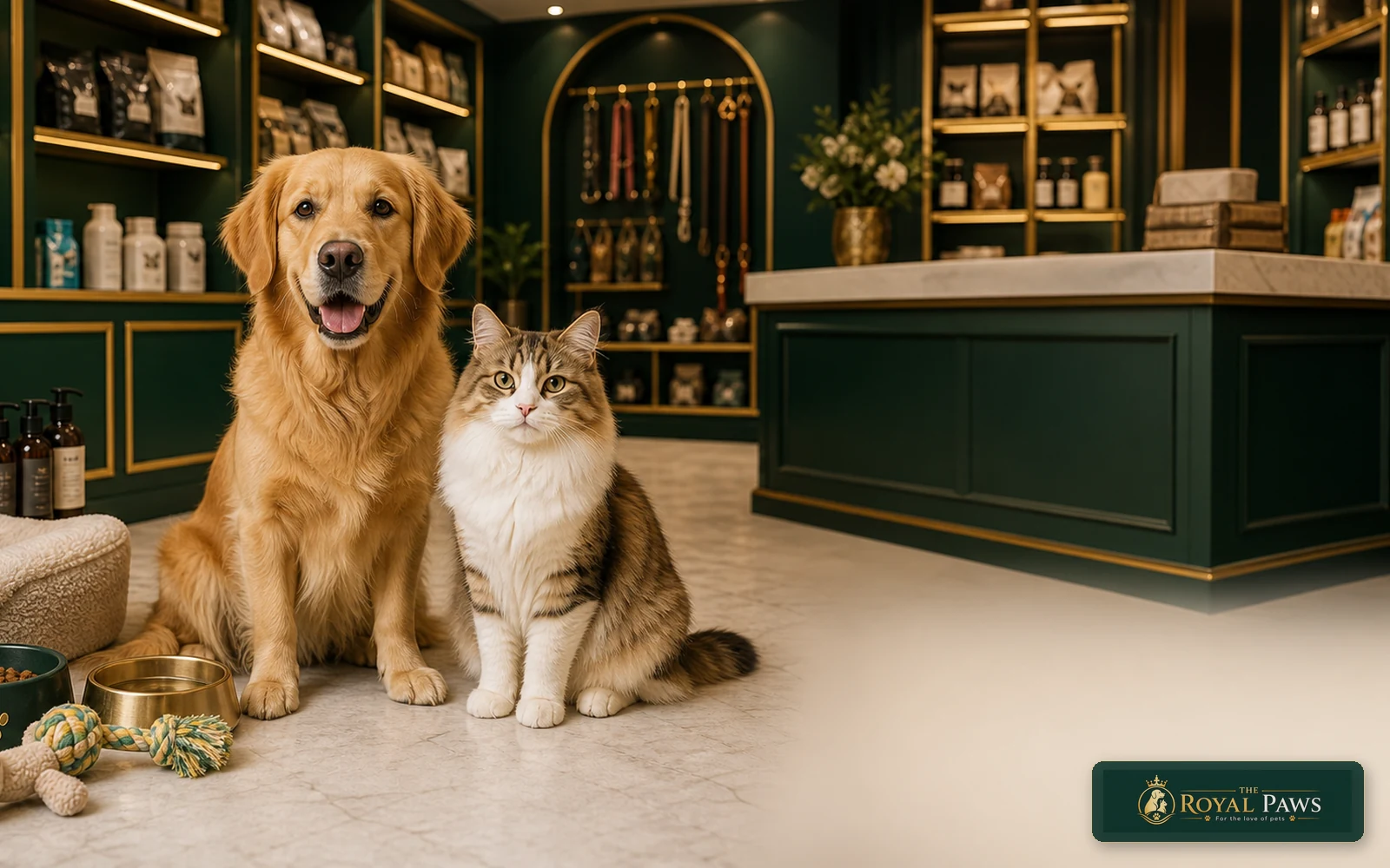 Dog and cat care products in a premium pet store setting at The Royal Paws