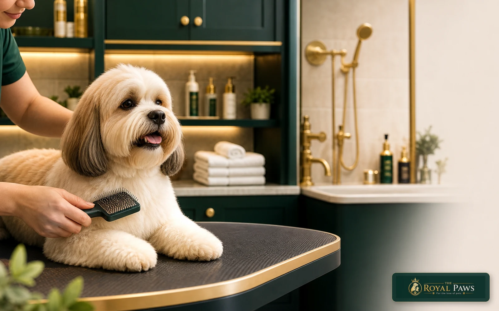 Comfort-focused pet grooming service scene at The Royal Paws in Bathinda