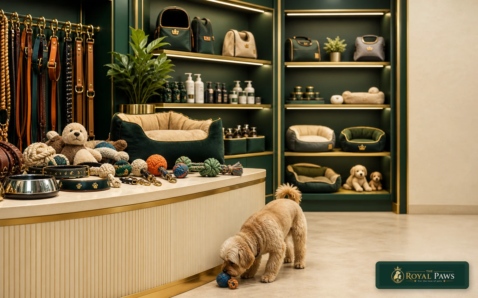 Premium pet accessories display with toys, leashes, bowls, and beds at The Royal Paws