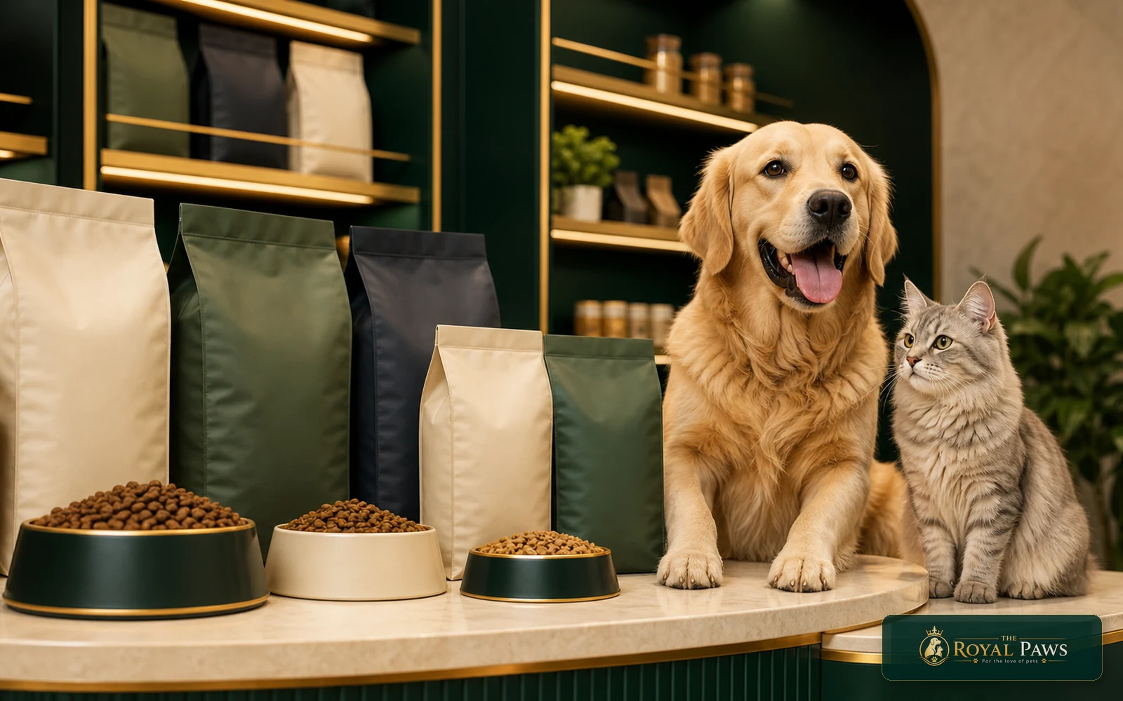 Premium dog and cat food display inside The Royal Paws pet store in Bathinda